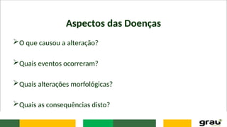Aspectos das Doenças
O que causou a alteração?
Quais eventos ocorreram?
Quais alterações morfológicas?
Quais as consequências disto?
 