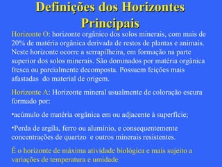 Definições dos Horizontes Principais Horizonte O : horizonte orgânico dos solos minerais, com mais de 20% de matéria orgânica derivada de restos de plantas e animais. Neste horizonte ocorre a serrapilheira, em formação na parte superior dos solos minerais. São dominados por matéria orgânica fresca ou parcialmente decomposta. Possuem feições mais afastadas  do material de origem. Horizonte A : Horizonte mineral usualmente de coloração escura formado por:  acúmulo de matéria orgânica em ou adjacente à superfície; Perda de argila, ferro ou alumínio, e consequentemente concentrações de quartzo  e outros minerais resistentes.  É o horizonte de máxima atividade biológica e mais sujeito a variações de temperatura e umidade 