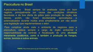 Piscicultura no Brasil
A piscicultura no Brasil sempre foi analisada como um bom
negócio, principalmente por causa das condições climáticas
favoráveis e da boa oferta de grãos para produção de ração, tais
fatores, porém, não foram devidamente aproveitados e
potencializados durante muitos anos simplesmente por não existir
uma legislação que regulamentasse o setor.
Para complicar ainda mais o ambiente de negócios para a
piscicultura, esteve sempre a cargo de órgão ambiental a
responsabilidade de controle e fiscalização de uma atividade
meramente zootécnica, como é também a produção de frangos,
suínos, bovinos e outros animais.
FONTE: http://www.pesca.sp.gov.br/noticia.php?id_not=12963
 