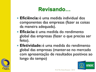 Revisando…
—  Eficiência: é uma medida individual dos
componentes das empresas (fazer as coisas
da maneira adequada).
—  Eficácia: é uma medida do rendimento
global das empresas (fazer o que precisa ser
feito).
—  Efetividade: é uma medida do rendimento
global das empresas (manter-se no mercado
com apresentação de resultados positivos ao
longo do tempo)
Prof. Me. Késia Rozzett - 2014
 