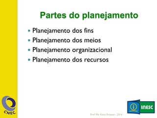 Partes do planejamento
—  Planejamento dos fins
—  Planejamento dos meios
—  Planejamento organizacional
—  Planejamento dos recursos
Prof. Me. Késia Rozzett - 2014
 