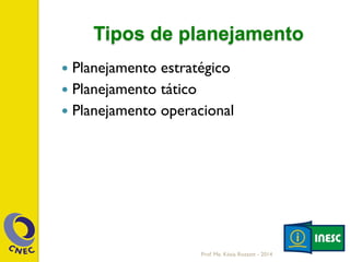 Tipos de planejamento
—  Planejamento estratégico
—  Planejamento tático
—  Planejamento operacional
Prof. Me. Késia Rozzett - 2014
 