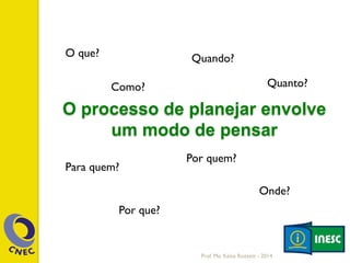 O processo de planejar envolve
um modo de pensar
O que?
Como?
Quando?
Quanto?
Para quem?
Por que?
Por quem?
Onde?
Prof. Me. Késia Rozzett - 2014
 