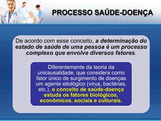 De acordo com esse conceito, a determinação do
estado de saúde de uma pessoa é um processo
    complexo que envolve diversos fatores.

             Diferentemente da teoria da
        unicausalidade, que considera como
       fator único de surgimento de doenças
       um agente etiológico (vírus, bactérias,
        etc.), o conceito de saúde-doença
           estuda os fatores biológicos,
         econômicos, sociais e culturais.
 