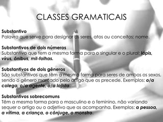 CLASSES GRAMATICAIS
Substantivo
Palavra que serve para designar os seres, atos ou conceitos; nome.

Substantivos de dois números
Substantivo que tem a mesma forma para o singular e o plural: lápis,
vírus, ônibus, mil-folhas.

Substantivos de dois gêneros
São substantivos que têm a mesma forma para seres de ambos os sexos,
sendo o gênero marcado pelo artigo que os precede. Exemplos: o/a
colega, o/a agente, o/a lojista.

Substantivos sobrecomuns
Têm a mesma forma para o masculino e o feminino, não variando
sequer o artigo ou o adjetivo que os acompanha. Exemplos: a pessoa,
a vítima, a criança, o cônjuge, o monstro.
 
