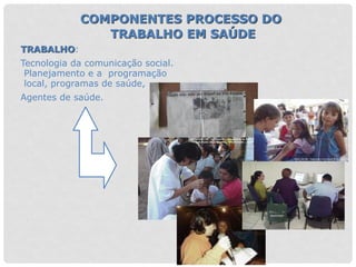 COMPONENTES PROCESSO DO
TRABALHO EM SAÚDE
TRABALHO:
Tecnologia da comunicação social.
Planejamento e a programação
local, programas de saúde,
Agentes de saúde.
 