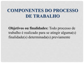 Objetivos ou finalidades: Todo processo de
trabalho é realizado para se atingir alguma(s)
finalidade(s) determinada(s) previamente
COMPONENTES DO PROCESSO
DE TRABALHO
 