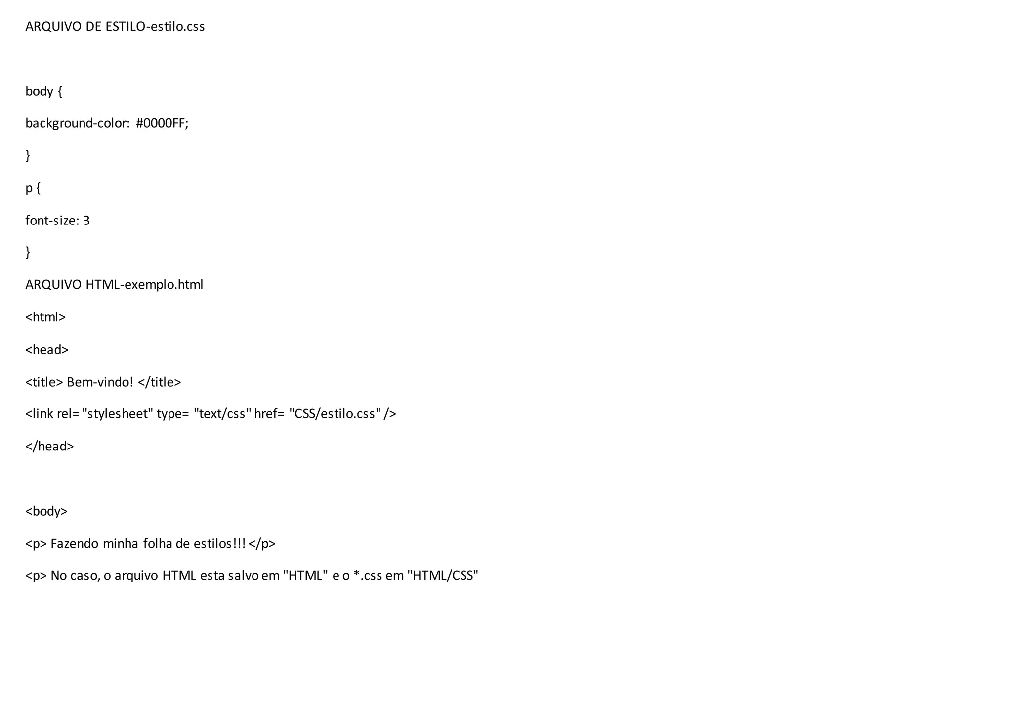 ARQUIVO DE ESTILO-estilo.css
body {
background-color: #0000FF;
}
p {
font-size: 3
}
ARQUIVO HTML-exemplo.html
<html>
<head>
<title> Bem-vindo! </title>
<link rel= "stylesheet" type= "text/css" href= "CSS/estilo.css" />
</head>
<body>
<p> Fazendo minha folha de estilos!!! </p>
<p> No caso, o arquivo HTML esta salvo em "HTML" e o *.css em "HTML/CSS"
 