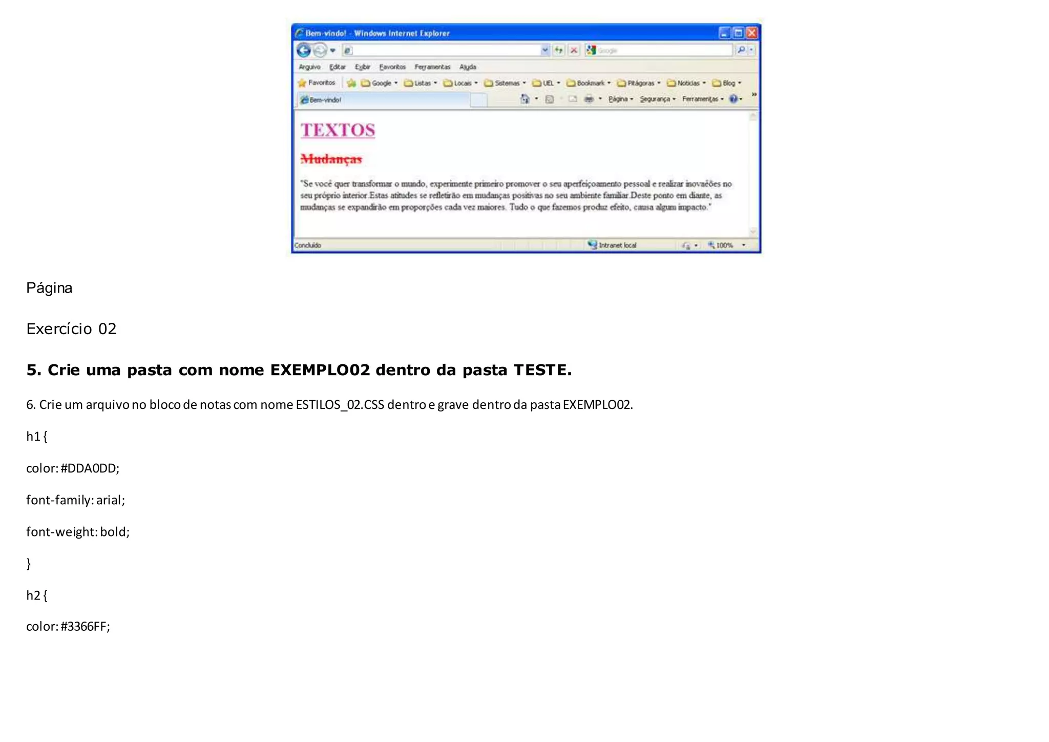 Página
Exercício 02
5. Crie uma pasta com nome EXEMPLO02 dentro da pasta TESTE.
6. Crie um arquivono blocode notascom nome ESTILOS_02.CSS dentroe grave dentroda pastaEXEMPLO02.
h1 {
color:#DDA0DD;
font-family:arial;
font-weight:bold;
}
h2 {
color:#3366FF;
 