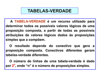 A TABELA-VERDADE é um recurso utilizado para
determinar todos os possíveis valores lógicos de uma
proposição composta, a partir de todas as possíveis
atribuições de valores lógicos dados às proposições
simples que a compõem.
O resultado depende do conectivo que gera a
proposição composta. Conectivos diferentes geram
tabelas-verdade diferentes.
O número de linhas de uma tabela-verdade é dado
por 2
n
, onde “n” é o número de proposições simples.
TABELAS-VERDADE
 