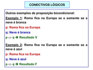 Outros exemplos de proposição bicondicional:
Exemplo 1: Roma fica na Europa se e somente se a
neve é branca
p: Roma fica na Europa
q: Neve é branca
p q  Resultado V
Exemplo 2: Roma fica na Europa se e somente se a
neve é azul
p: Roma fica na Europa
q: Neve é azul
p q  Resultado F
CONECTIVOS LÓGICOS
 