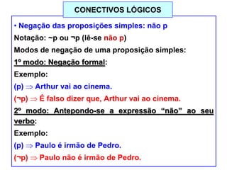 • Negação das proposições simples: não p
Notação: ~p ou ¬p (lê-se não p)
Modos de negação de uma proposição simples:
1º modo: Negação formal:
Exemplo:
(p) Arthur vai ao cinema.
(¬p) É falso dizer que, Arthur vai ao cinema.
2º modo: Antepondo-se a expressão “não” ao seu
verbo:
Exemplo:
(p) Paulo é irmão de Pedro.
(¬p) Paulo não é irmão de Pedro.
CONECTIVOS LÓGICOS
 