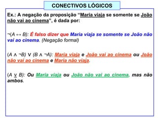 Ex.: A negação da proposição “Maria viaja se somente se João
não vai ao cinema”, é dada por:
¬(A ↔ B): É falso dizer que Maria viaja se somente se João não
vai ao cinema. (Negação formal)
(A ∧ ¬B) ∨ (B ∧ ¬A): Maria viaja e João vai ao cinema ou João
não vai ao cinema e Maria não viaja.
(A v B): Ou Maria viaja ou João não vai ao cinema, mas não
ambos.
CONECTIVOS LÓGICOS
 