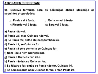 ATIVIDADES PROPOSTAS:
05. Escreva fórmulas para as sentenças abaixo utilizando as
seguintes proposições:
p: Paula vai à festa. q: Quincas vai à festa.
r: Ricardo vai à festa. s: Sara vai à festa.
a) Paula não vai.
b) Paula vai, mas Quincas não vai.
c) Se Paula for, então Quincas também irá.
d) Paula irá, se Quincas for.
e) Paula irá se e somente se Quincas for.
f) Nem Paula nem Quincas irão.
g) Paula e Quincas não irão.
h) Paula não irá, se Quincas for.
i) Se Ricardo for, então se Paula não for, Quincas irá.
j) Se nem Ricardo nem Quincas forem, então Paula irá.
 