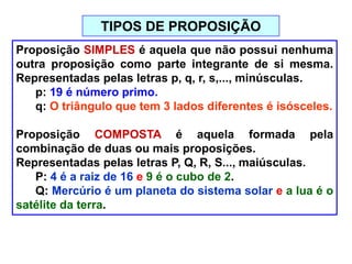 Proposição SIMPLES é aquela que não possui nenhuma
outra proposição como parte integrante de si mesma.
Representadas pelas letras p, q, r, s,..., minúsculas.
p: 19 é número primo.
q: O triângulo que tem 3 lados diferentes é isósceles.
Proposição COMPOSTA é aquela formada pela
combinação de duas ou mais proposições.
Representadas pelas letras P, Q, R, S..., maiúsculas.
P: 4 é a raiz de 16 e 9 é o cubo de 2.
Q: Mercúrio é um planeta do sistema solar e a lua é o
satélite da terra.
TIPOS DE PROPOSIÇÃO
 