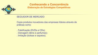 Conhecendo a Concorrência
Elaboração de Estratégias Competitivas
SEGUIDOR DE MERCADO
Copia produtos inovadores das empresas líderes através de
práticas como:
. Falsificação (DVDs e CDs);
. Clonagem (tênis e perfumes);
. Imitação (bolsas e sapatos).
 