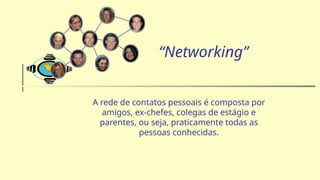 A rede de contatos pessoais é composta por
amigos, ex-chefes, colegas de estágio e
parentes, ou seja, praticamente todas as
pessoas conhecidas.
“Networking”
 