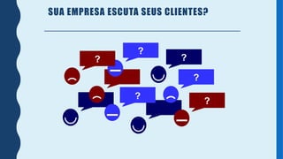 SUA EMPRESA ESCUTA SEUS CLIENTES?
Caixa de
sugestões
Fale conosco
Cliente secreto
Pesquisa de
satisfação
SAC
Funcionários
receptivos
?
?
?
?
?
?
 