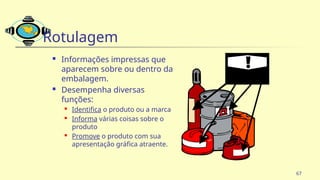 67
Rotulagem
 Informações impressas que
aparecem sobre ou dentro da
embalagem.
 Desempenha diversas
funções:
 Identifica o produto ou a marca
 Informa várias coisas sobre o
produto
 Promove o produto com sua
apresentação gráfica atraente.
 