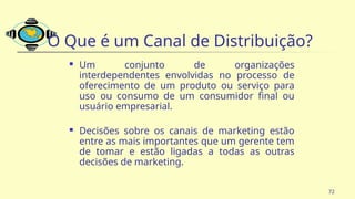 72
O Que é um Canal de Distribuição?
 Um conjunto de organizações
interdependentes envolvidas no processo de
oferecimento de um produto ou serviço para
uso ou consumo de um consumidor final ou
usuário empresarial.
 Decisões sobre os canais de marketing estão
entre as mais importantes que um gerente tem
de tomar e estão ligadas a todas as outras
decisões de marketing.
 