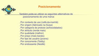 Posicionamento
Também pode-se utilizar as seguintes alternativas de
posicionamento de uma marca:
. Por contexto de uso (café-da-manhã)
. Por origem (fabricado na Suiça)
. Por categoria de produto (achocolatados)
. Por atributo (rende mais)
. Por qualidade (melhor)
. Por preço (mais barato)
. Por tipo de usuário (jovens)
. Por concorrente (Toddy)
. Por endossante (Nestlé)
 