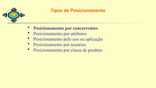  Posicionamento por concorrentes
 Posicionamento por atributos
 Posicionamento pelo uso ou aplicação
 Posicionamento por usuários
 Posicionamento por classe de produto
Tipos de Posicionamento
 