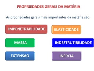 As propriedades gerais mais importantes da matéria são:
ELASTICIDADE
INÉRCIA
MASSA
EXTENSÃO
IMPENETRABILIDADE
INDESTRUTIBILIDADE
 