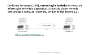 Conforme Forouzan (2006), comunicação de dados é a troca de
informação entre dois dispositivos através de algum meio de
comunicação como, por exemplo, um par de fios (Figura 1.1).
3
Redes de Computadores - Profº John Aguiar
 