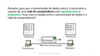 Portanto, para que a comunicação de dados ocorra, é necessário o
suporte de uma rede de computadores com equipamentos e
programas. Ficou clara a relação entre a comunicação de dados e a
rede de computadores?
Redes de Computadores - Profº John Aguiar 5
 