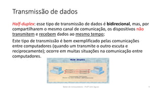 Transmissão de dados
Half-duplex: esse tipo de transmissão de dados é bidirecional, mas, por
compartilharem o mesmo canal de comunicação, os dispositivos não
transmitem e recebem dados ao mesmo tempo;
Este tipo de transmissão é bem exemplificado pelas comunicações
entre computadores (quando um transmite o outro escuta e
reciprocamente); ocorre em muitas situações na comunicação entre
computadores.
Redes de Computadores - Profº John Aguiar 9
 