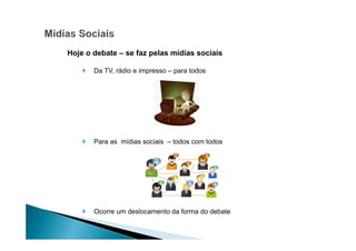 Hoje o debate – se faz pelas mídias sociais
Da TV, rádio e impresso – para todos

Para as mídias sociais – todos com todos

Ocorre um deslocamento da forma do debate

 