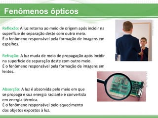 Fenômenos ópticos
Reflexão: A luz retorna ao meio de origem após incidir na
superfície de separação deste com outro meio.
É o fenômeno responsável pela formação de imagens em
espelhos.
Refração: A luz muda de meio de propagação após incidir
na superfície de separação deste com outro meio.
É o fenômeno responsável pela formação de imagens em
lentes.
Absorção: A luz é absorvida pelo meio em que
se propaga e sua energia radiante é convertida
em energia térmica.
É o fenômeno responsável pelo aquecimento
dos objetos expostos à luz.
 