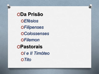 ODa Prisão
OEfésios
OFilipenses
OColossenses
OFilemon
OPastorais
OI e II Timóteo
OTito
 