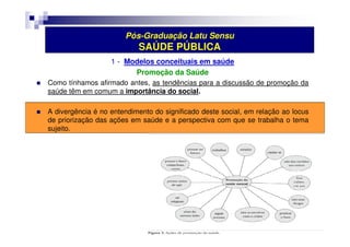 Pós-Graduação Latu Sensu 
SAÚDE PÚBLICA 
1 - Modelos conceituais em saúde 
Promoção da Saúde 
 Como tínhamos afirmado antes, as tendências para a discussão de promoção da 
saúde têm em comum a importância do social. 
 A divergência é no entendimento do significado deste social, em relação ao locus 
de priorização das ações em saúde e a perspectiva com que se trabalha o tema 
sujeito. 
 