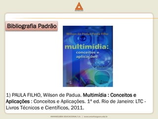 Bibliografia Padrão
1) PAULA FILHO, Wilson de Padua. Multimídia : Conceitos e
Aplicações : Conceitos e Aplicações. 1ª ed. Rio de Janeiro: LTC -
Livros Técnicos e Científicos, 2011.
 