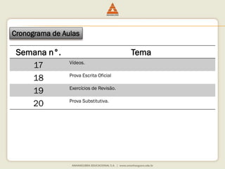 Semana n°. Tema
17 Vídeos.
18 Prova Escrita Oficial
19 Exercícios de Revisão.
20 Prova Substitutiva.
Cronograma de Aulas
 