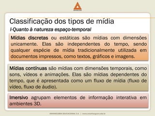 Classificação dos tipos de mídia
I-Quanto à natureza espaço-temporal
Mídias discretas ou estáticas são mídias com dimensões
unicamente. Elas são independentes do tempo, sendo
qualquer espécie de mídia tradicionalmente utilizada em
documentos impressos, como textos, gráficos e imagens.
Mídias contínuas são mídias com dimensões temporais, como
sons, vídeos e animações. Elas são mídias dependentes do
tempo, que é apresentada como um fluxo de mídia (fluxo de
vídeo, fluxo de áudio).
Imersivo agrupam elementos de informação interativa em
ambientes 3D.
 