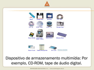 Dispositivo de armazenamento multimídia: Por
exemplo, CD-ROM, tape de áudio digital.
 