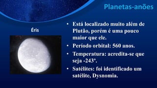 Planetas-anões
Éris
• Está localizado muito além de
Plutão, porém é uma pouco
maior que ele.
• Período orbital: 560 anos.
• Temperatura: acredita-se que
seja -243º.
• Satélites: foi identificado um
satélite, Dysnomia.
 