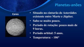 Planetas-anões
Ceres • Situado no cinturão de Asteróides
existente entre Marte e Júpiter.
• Sabe-se muito pouco.
• Período de rotação: pouco mais de
9 horas.
• Período orbital: 5 anos.
• Temperatura: - 106°
 