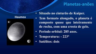 Planetas-anões
Haumea
• Situado no cinturão de Kuiper.
• Tem formato alongado, o planeta é
composto quase que inteiramente
de rocha, com uma crosta de gelo.
• Período orbital: 285 anos.
• Temperatura: - 223°
• Satélites: dois
 