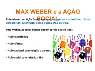 MAX WEBER e a AÇÃO
SOCIALEntende-se por Ação Social como o ato de se comunicar, de se
relacionar, orientado pelas ações dos outros.
Para Weber, as ações sociais podem ser de quatro tipos:
- Ação tradicional;
- Ação afetiva;
- Ação racional com relação a valores;
- Ação social com relação a fins.
 