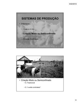 3/22/2012




      SISTEMAS DE PRODUÇÃO
    • Intensivo

      – Criação ao Ar Livre


      – Criação Misto ou Semiconfinado

      – Criação Confinado




•




    • Criação Misto ou Semiconfinado
         • S. Tradicional

         • S. “a solta controlado”




                                               11
 