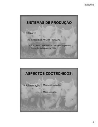 3/22/2012




  SISTEMAS DE PRODUÇÃO

• Intensivo

  – S. Criação ao Ar Livre - SISCAL

     • S. C. ao Ar Livre de Ciclo Completo (Argentina)
     • Produção de Leitões de 25 kg




 ASPECTOS ZOOTÉCNICOS:


• Alimentação        Mesma composição.


                     Maior consumo.




                                                                6
 