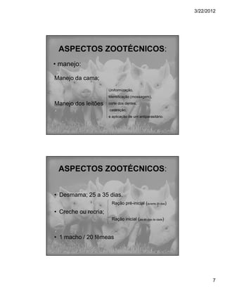 3/22/2012




 ASPECTOS ZOOTÉCNICOS:
• manejo:

Manejo da cama;
                      Uniformização,
                      Identificação (mossagem),

Manejo dos leitões    corte dos dentes,
                      castração,
                      e aplicação de um antiparasitário.




 ASPECTOS ZOOTÉCNICOS:


• Desmama; 25 a 35 dias.
                       Ração pré-inicial (durante 20 dias)

• Creche ou recria;
                       Ração inicial (até 60 dias de idade)



• 1 macho / 20 fêmeas




                                                                     7
 