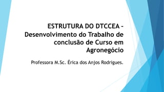 ESTRUTURA DO DTCCEA –
Desenvolvimento do Trabalho de
conclusão de Curso em
Agronegócio
Professora M.Sc. Érica dos Anjos Rodrigues.
 