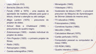 ✓ Lápis (Século XVI);
✓ Borracha (Século XVIII);
✓ Ferule (1850 a 1870) - uma espécie de
apontador de madeira, utilizado para guiar a
leitura, chamar a atenção ou até castigar;
✓ Magic Lantern (1870) - precursora do
projetor de slides;
✓ School Slate e Chalkboard (1890) -
precursores do quadro-negro;
✓ Estereoscope (1905) - modelo individual do
projetor de slides;
✓ Film Projector (1925) - o primeiro projetor de
filmes;
✓ Rádio (1925);
✓ Retroprojetor (1930);
✓ Caneta esferográfica (1940);
✓Mimeógrafo (1940);
✓Videotapes (1951);
✓Acelerador de leitura (1957) - o provável
precursor da Máquina de Aprendizagem
de Skinner (datada do mesmo ano);
✓TV educativa (1958);
✓Fotocopiadora (1959);
✓Corretivos líquidos (1960);
✓Microfilm (1965);
✓Calculadora Manual (1970);
✓Cartão perfurado (1972);
✓Computador pessoal ou computador de
mesa (1980);
✓CD ROM (1985);
✓Quadro interativo (1999);
 