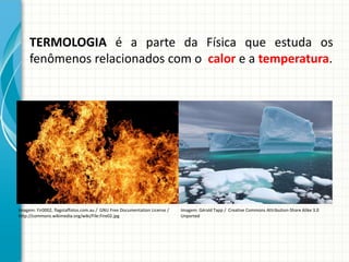 TERMOLOGIA é a parte da Física que estuda os
fenômenos relacionados com o calor e a temperatura.

Imagem: Fir0002, flagstaffotos.com.au / GNU Free Documentation License /
http://commons.wikimedia.org/wiki/File:Fire02.jpg

Imagem: Gérald Tapp / Creative Commons Attribution-Share Alike 3.0
Unported

 