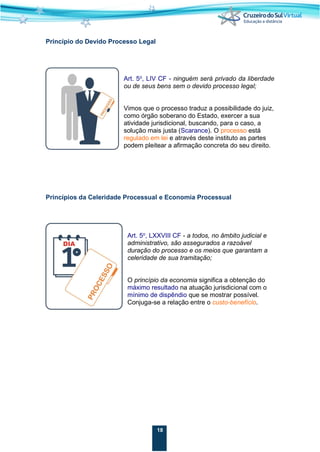 18
Princípio do Devido Processo Legal
Art. 5o
, LIV CF - ninguém será privado da liberdade
ou de seus bens sem o devido processo legal;
Vimos que o processo traduz a possibilidade do juiz,
como órgão soberano do Estado, exercer a sua
atividade jurisdicional, buscando, para o caso, a
solução mais justa (Scarance). O processo está
regulado em lei e através deste instituto as partes
podem pleitear a afirmação concreta do seu direito.
Princípios da Celeridade Processual e Economia Processual
Art. 5o
, LXXVIII CF - a todos, no âmbito judicial e
administrativo, são assegurados a razoável
duração do processo e os meios que garantam a
celeridade de sua tramitação;
O princípio da economia significa a obtenção do
máximo resultado na atuação jurisdicional com o
mínimo de dispêndio que se mostrar possível.
Conjuga-se a relação entre o custo-benefício.
 