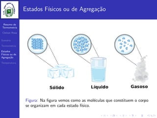 Resumo de
Termometria
Cleiton Rosa
Sum´ario
Termometria
Estados
F´ısicos ou de
Agrega¸c˜ao
Temperatura
Estados F´ısicos ou de Agrega¸c˜ao
Figura: Na ﬁgura vemos como as mol´eculas que constituem o corpo
se organizam em cada estado f´ısico.
 